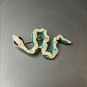 Jeweled Gold and Green Snake Brooch with Enamel